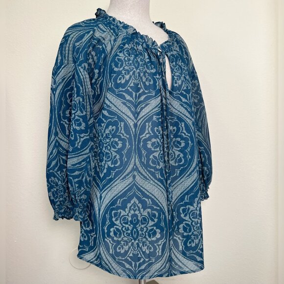 JOE FRESH Turquoise Blue Patterned Sheer 3/4 Sleeve Blouse Size Large - Picture 3 of 9